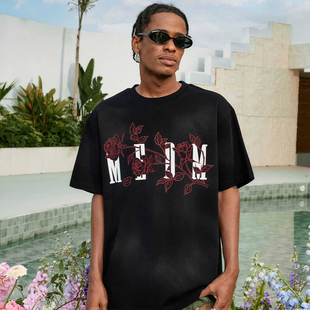 MEDM 26SS Line Branch Rose Wash Short Sleeve Casual T-shirt for Men and Women Summer Loose Round Neck Top t