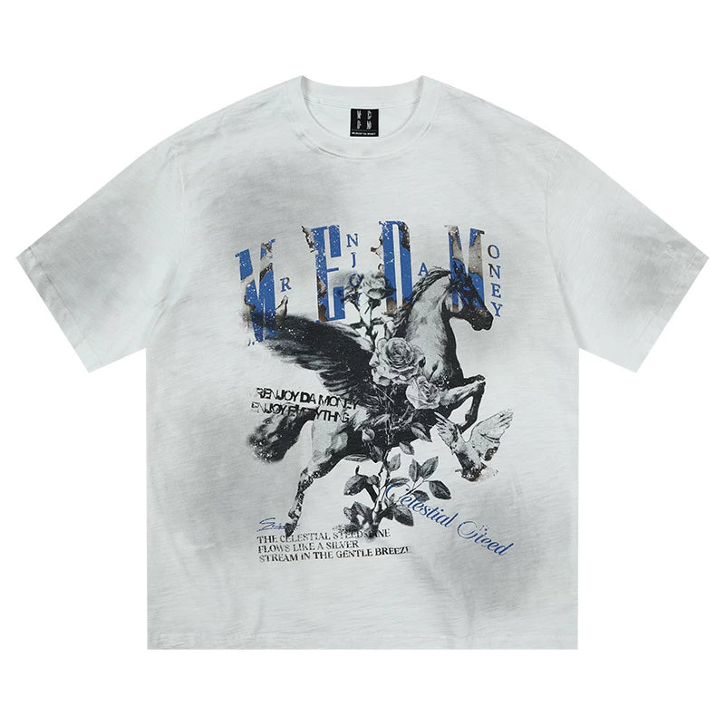 MEDM 26SS Tianma vintage bamboo cotton casual round neck short sleeved T-shirt for men and women, summer American printed loose T-shirt