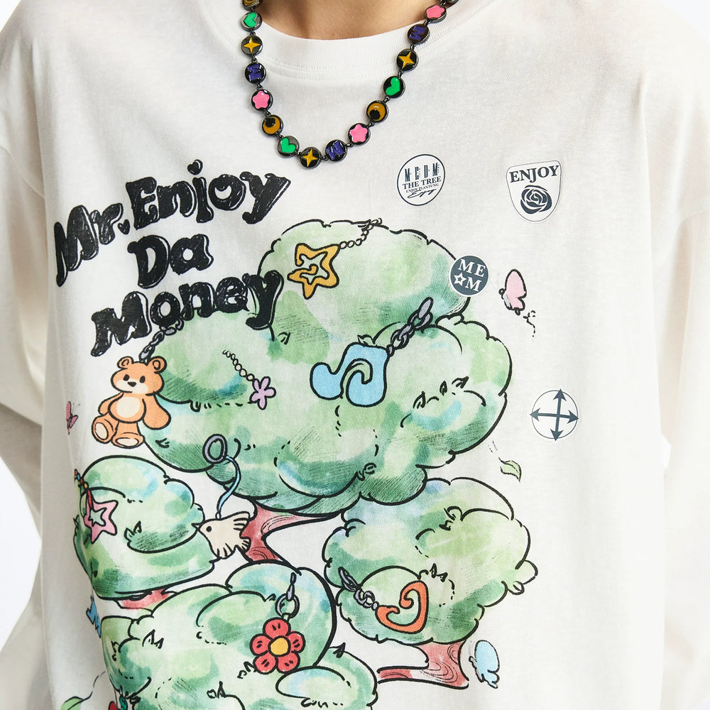 MEDM Fun Card Stickers Printed Stickers Casual Round Neck Long Sleeve T-shirt Spring/Summer Cute Style Loose Top for Men and Women