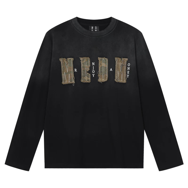 MEDM contrasting neckline with frayed edges, pasted with fabric words, casual long sleeved T-shirt, American couple loose round neck base shirt, top