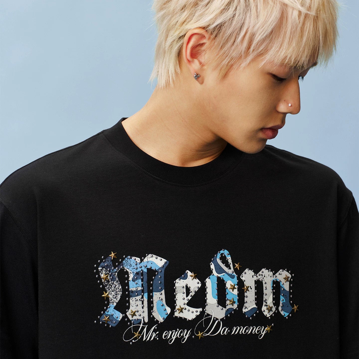 MEDM camouflage gothic logo star studded bead casual round neck short sleeved trendy versatile loose couple T-shirt summer