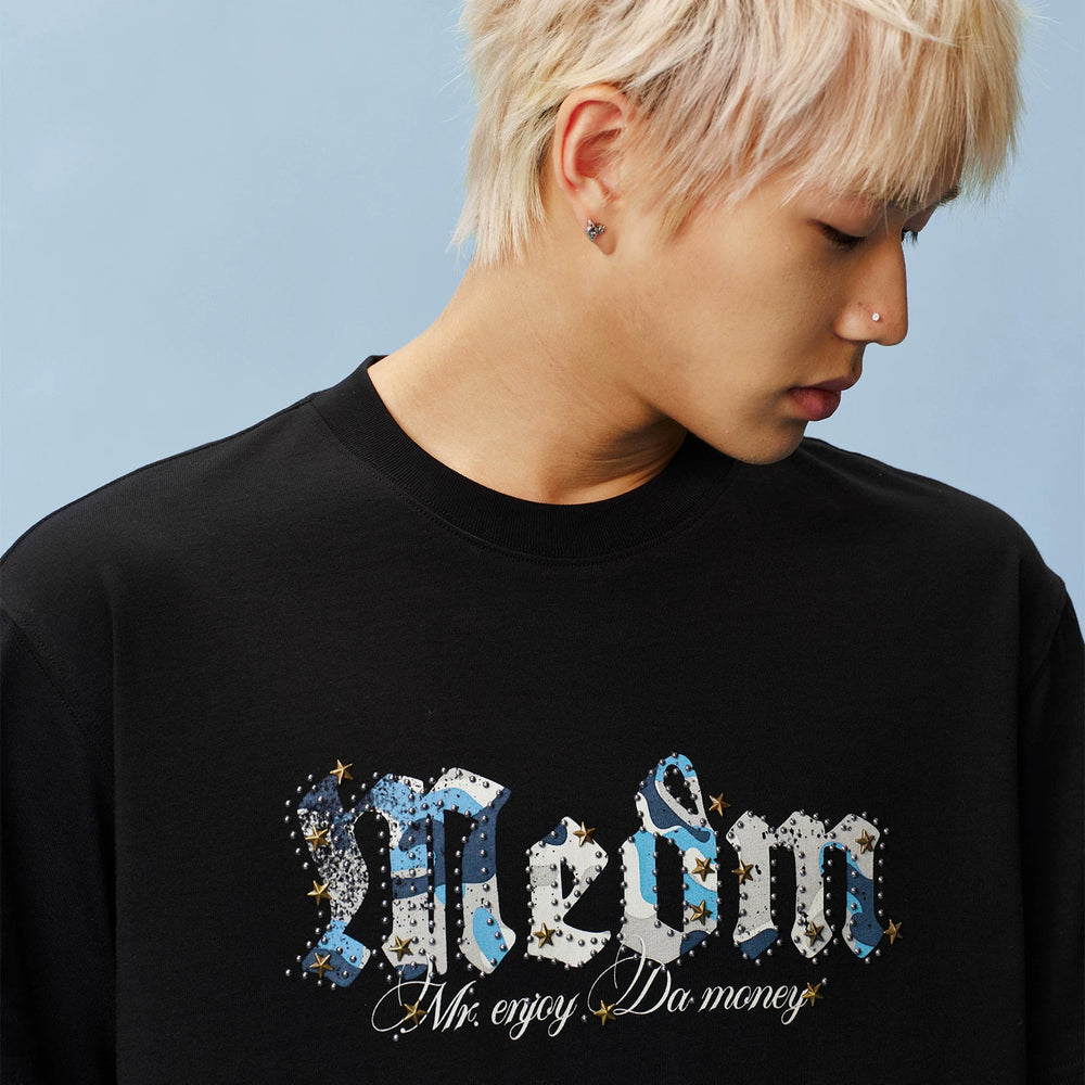 MEDM camouflage gothic logo star studded bead casual round neck short sleeved trendy versatile loose couple T-shirt summer