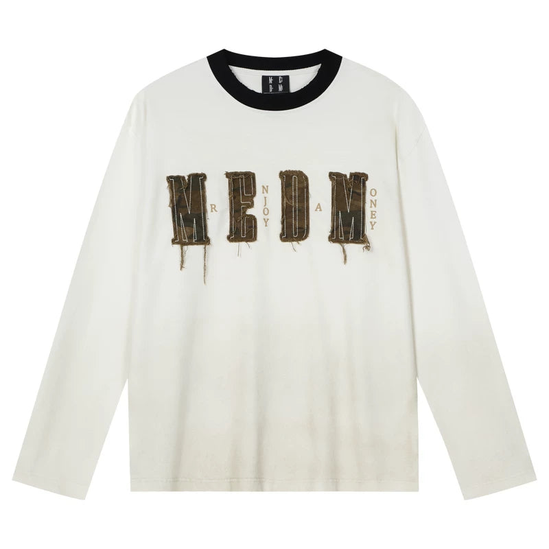 MEDM contrasting neckline with frayed edges, pasted with fabric words, casual long sleeved T-shirt, American couple loose round neck base shirt, top