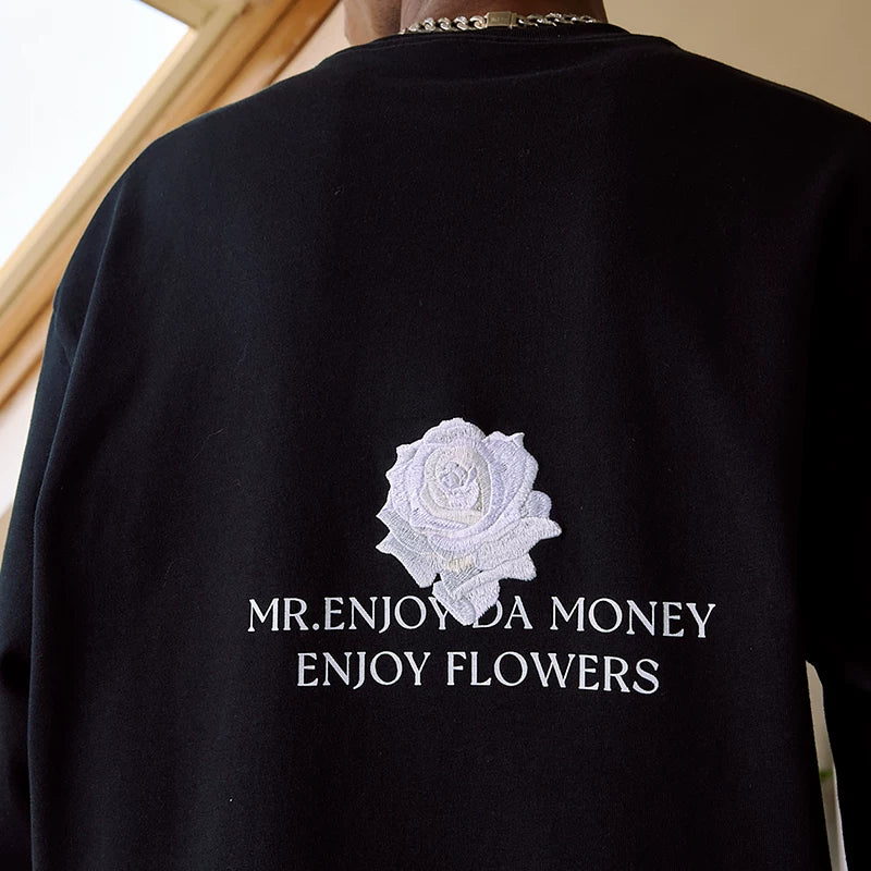 MEDM Phantom Flower Embroidery Long Sleeve T-shirt for Men, Autumn Loose Top, American Hip Hop Retro Casual T-shirt