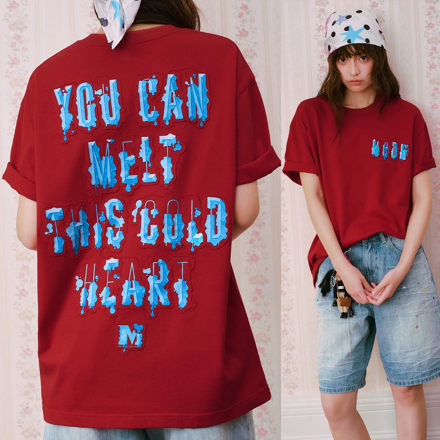 MEDM MELTING ICE Patchwork Letter Printed Casual Round Neck Short Sleeve American Trendy Versatile Couple T-shirt