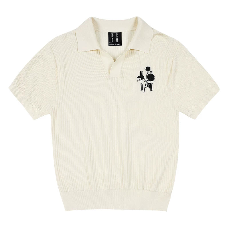 MEDM26SS solid color embroidered rose pattern short sleeved knitted polo shirt, vintage style casual half sleeved T-shirt for men