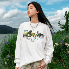 MEDM flower bed daisy butterfly print casual round neck long sleeved T-shirt trendy loose couple base shirt top autumn