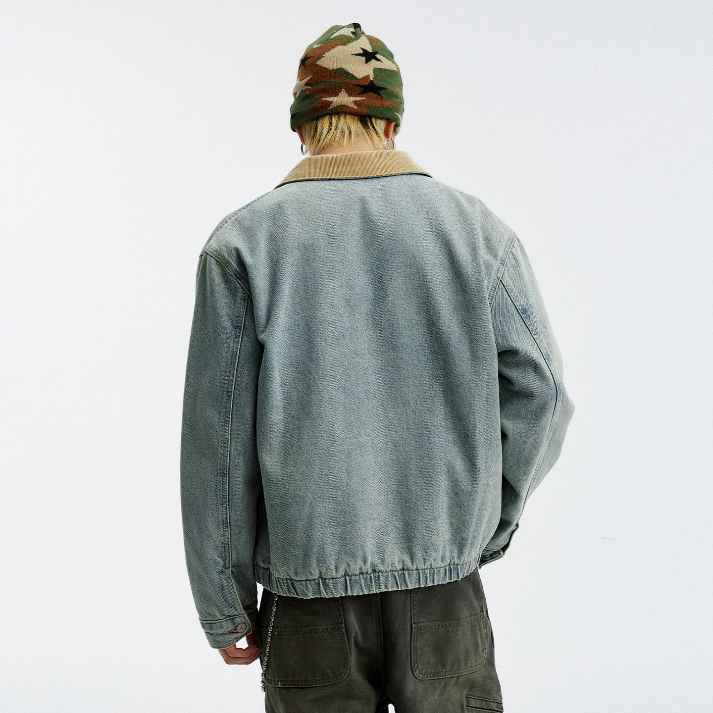 MEDM minimalist denim patchwork corduroy casual jacket for autumn and winter, washed and worn blue men's and women's collar jacket