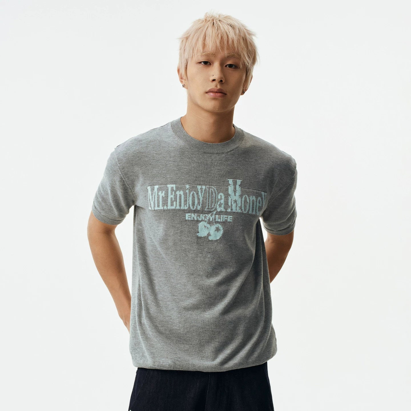 MEDM contrasting logo small cherry knit casual round neck short sleeved trendy versatile lazy men's and women's loose T-shirt summer