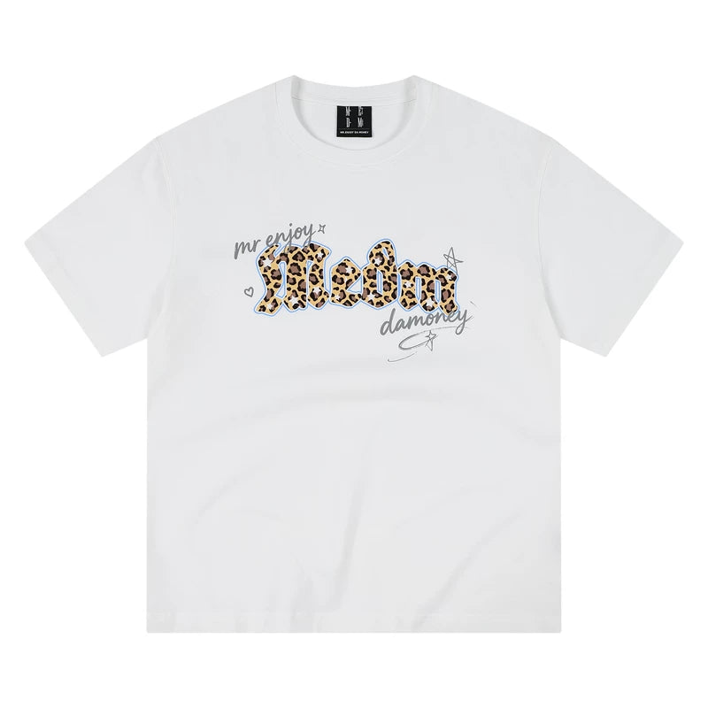 MEDM leopard print Gothic graffiti patch casual round neck short sleeved American street style unisex loose T-shirt summer
