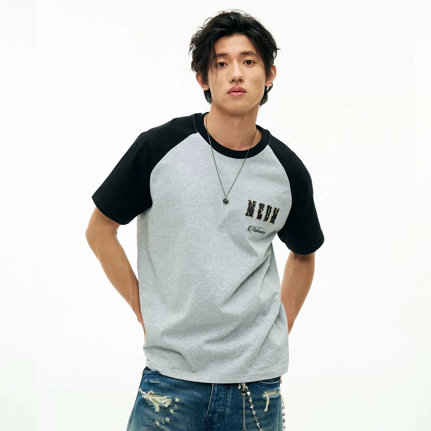 MEDM 冚 Car line raglan sleeves leopard print leather casual short sleeves American retro contrasting shoulder loose men's and women's T-shirts