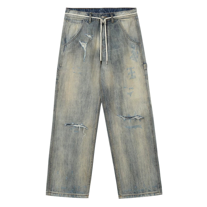 MEDM washed, rubbed, worn, M button casual jeans autumn and winter American street style multi pocket loose pants for men