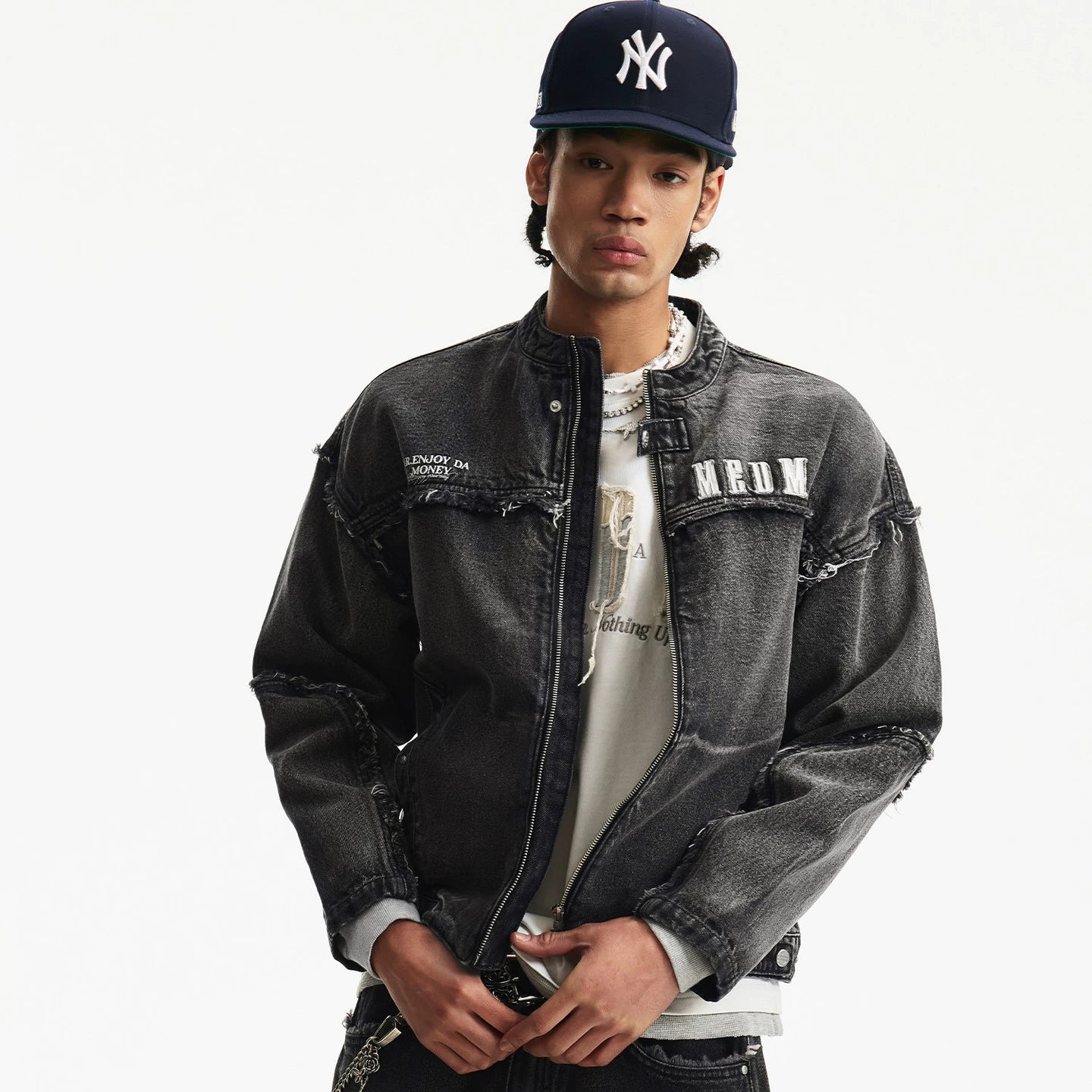 MEDM Structure Edge Denim Set - Jacket Washed and Used, Structural Thread Design, Casual Zipper Jacket, Spring