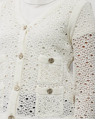Chanel White Perforated Crochet Knit CC Logo Button Cardigan Sweater - 40