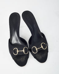 Gucci Black GG Monogram Canvas Open-Toe Gold Horsebit Mule Sandals - 40.5