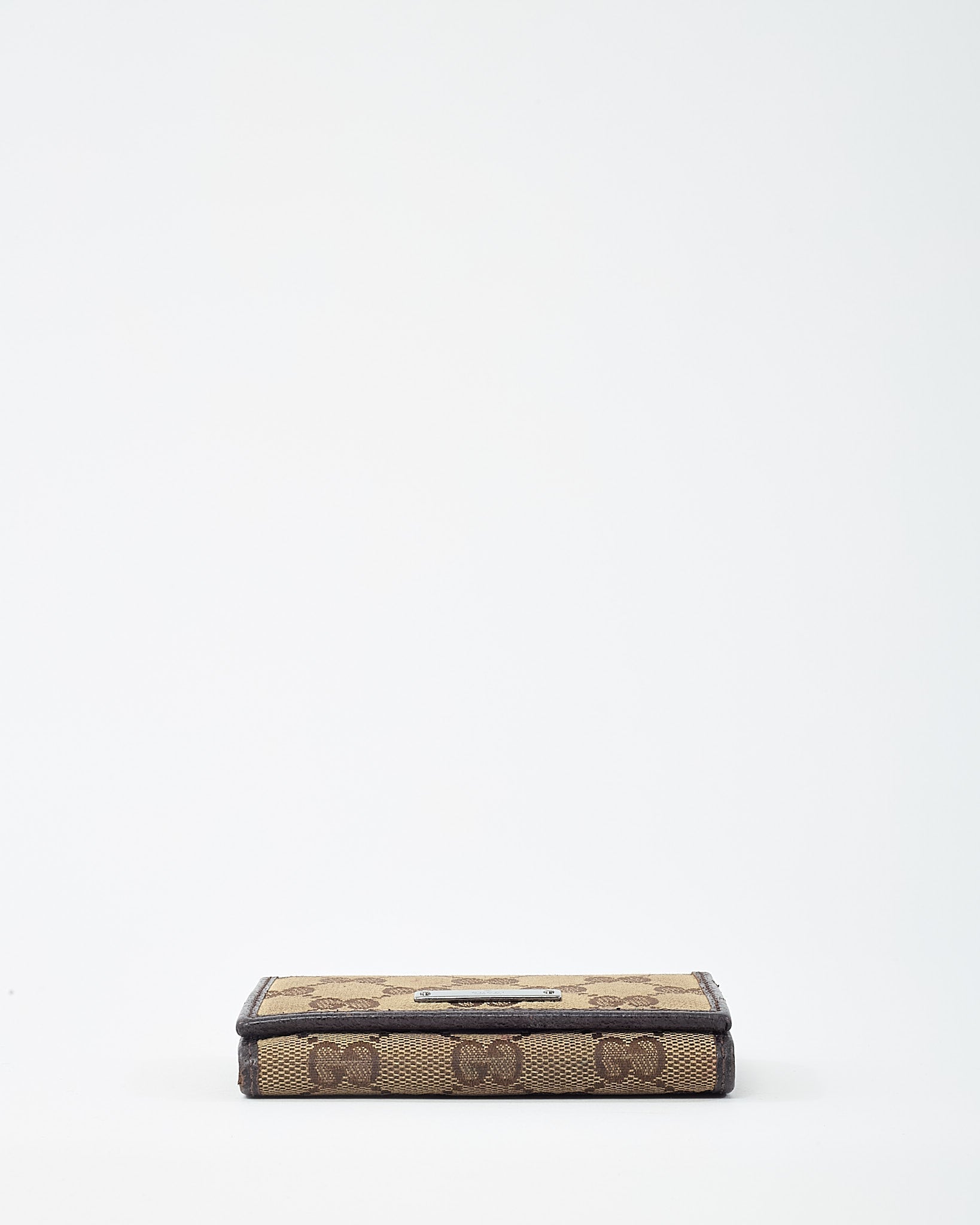 Gucci Dark Brown Leather and Beige and Brown GG Monogram Canvas Card Case Wallet