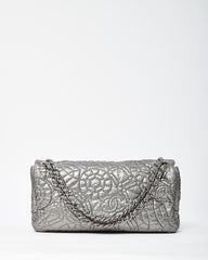 Chanel Silver Vinyl Graphic Edge Camellia Flower Accordion Flap Bag SHW