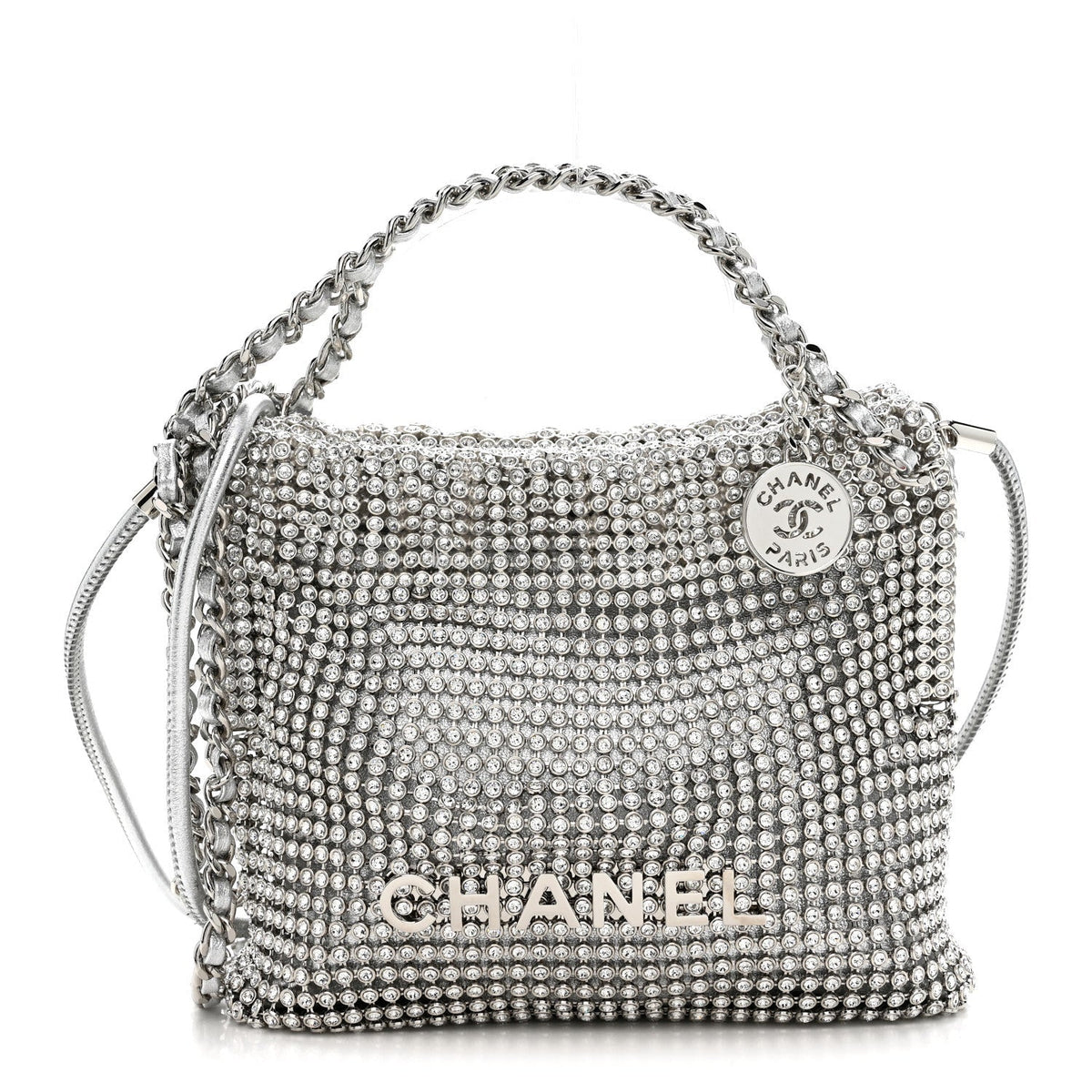 Crystal Embellished Metallic Lambskin Mini Chanel 22 Silver