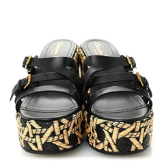 Raffia Calfskin L'Amazone Wedge Sandals 37 Black Natural